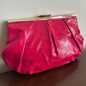 Banana Republic Hot Pink Fuchsia Leather Clutch Evening Bag Silver Clasp